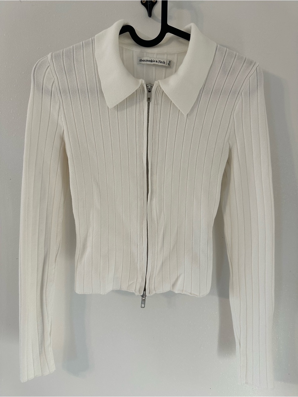 Abercrombie & Fitch Cream Ribbed Zip Front Polo Cardigan